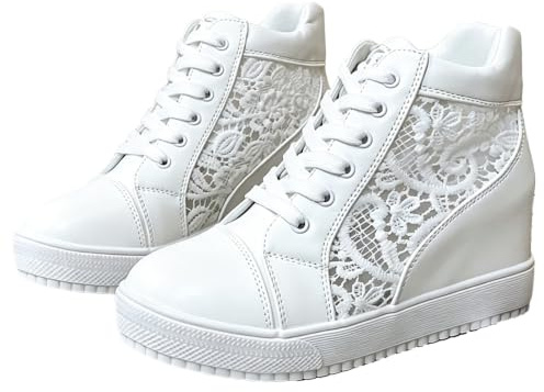 Baskets compensées en dentelle respirante pour femme - Style décontracté - Bout rond - Talon caché - Chaussures habillées en dentelle - Chaussures de mariage pour mariée, blanc, 37 EU