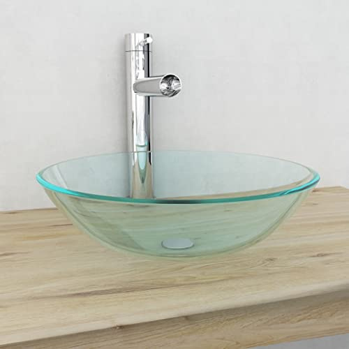Ziaphsol Lavabo en verre trempé transparent, 42 x 13 cm, vasque à poser pour lavabo, lavabo à main avec trou de vidange de 4,5 cm, nettoyage facile pour salle de bain