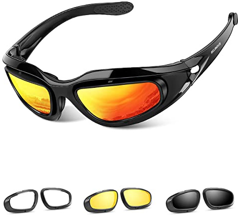 BELINOUS Polarized Motorcycle Riding Glasses Goggles for Men Foam Padding, Windproof Anti-dust Sunglasses w/ 4 Interchangeable Lens Kit & Case, Protective Eyewear for Driving Biking Day and Night