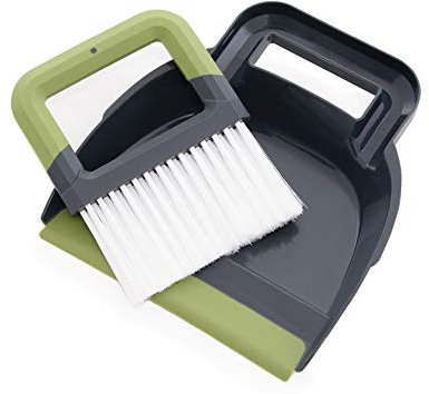 CleanPEAK Mini Portable Dustpan and Brush Set with Soft Grip Handle - 21cm x 19cm x 3cm – Grey / Green