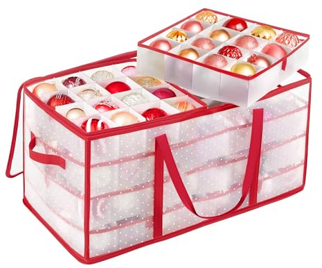 SONGMICS Boîtes de Rangement pour Noël, Coffre pour Boules de Noël et Décorations, 128 Compartiments, Séparateurs Modulables, 64,5 x 33,5 x 34 cm, Rouge Cerise RFB029T01