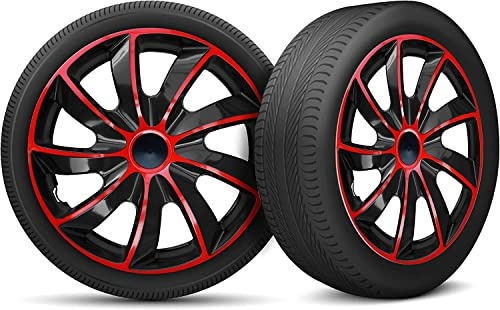 Tapacubos de 15 pulgadas, juego de 4 unidades, apto para todas las llantas de acero, anillo de seguridad ajustable, color negro y rojo