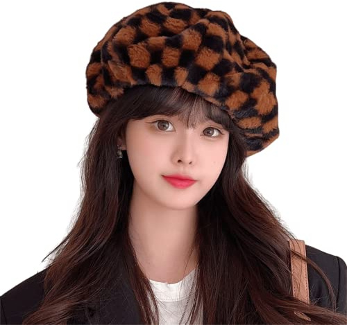 Women Faux Fur Sherpa Plaid French Beret Y2K Winter Warm Fleece Fuzzy Fluffy Painter Hat Preppy Retro Plush Newsboy Cap (Brown)