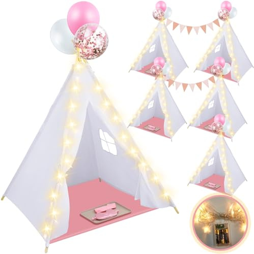 Windyun 6 Pack Teepee Tent for Kids with Light Blankets and Trays, Natural Cotton Toddler Play Tent, Washable Children's Sleepover Teepee for Girls Boys Indoor Outdoor Slumber Party Birthday Gifts