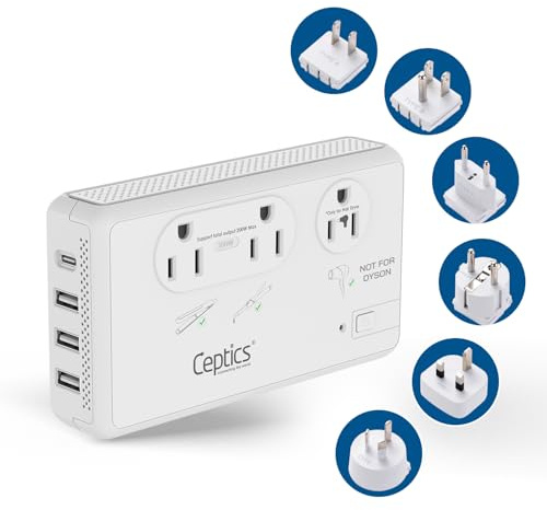 Ceptics 2000W Travel Voltage Converter for Hair Dryer & 200W Convert 220V to 110V for Curling Iron, Straightener, Chargers, Step Down World Power 4 USB Charging QC 3.0 SWadApt Type A, B, C, E/F, G, I