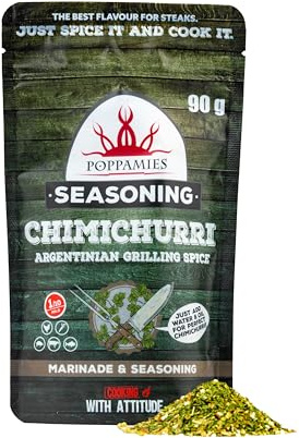 Poppamies Sazonador Chimichurri BBQ, Marinado seco y condimento BBQ Perfecto para Pescado, Verduras, Pollo, Cerdo y Carne de Res - Paquete Grande (90g)