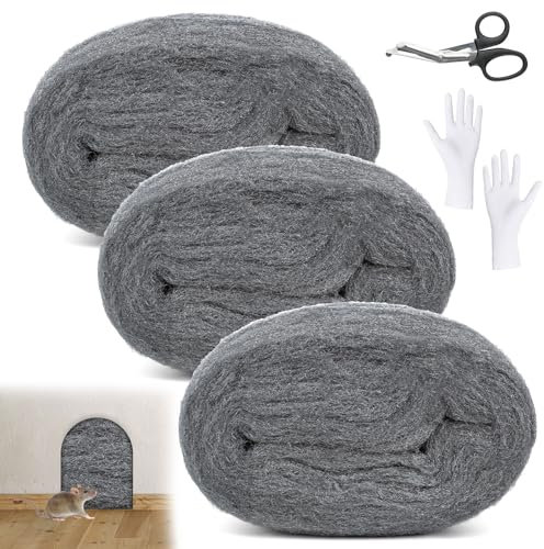 Stahlwolle, 3 Rollen Gegen Mäuse, 10,5m 000 Fein Mit Arbeitshandschuhen und Schere, für Löcher und Wand Risse Von Haus, Garage, Garten, Reinigen und Polieren
