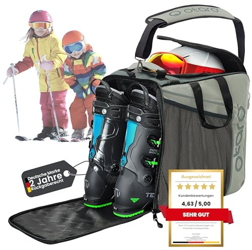 Otaro Skischuhtasche Kinder mit Helmfach (Kinder | 27 L | Hellgrau) Premium Skitasche für Skischuhe | Auch als Schlittschuhtasche oder Inlinertasche | Ski Tasche, Skisack Set, Skischuhtaschen