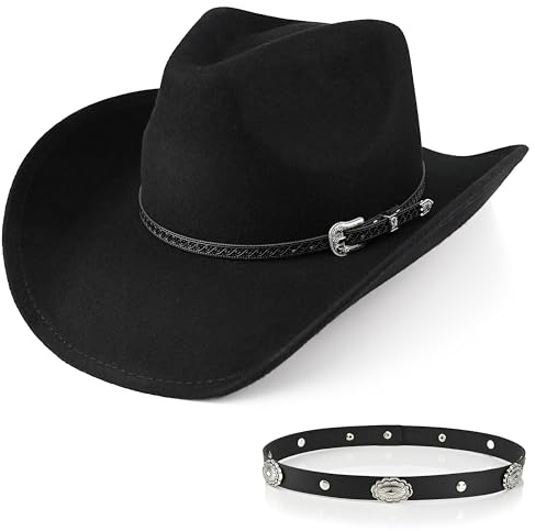 Closima 100% Wolle Herren Damen Western Cowboyhut Klassisch Schwarz Cowgirls Hüte Fedora Hut Filz mit Zwei Zierbändern, Schwarz (Black-b), M-XL