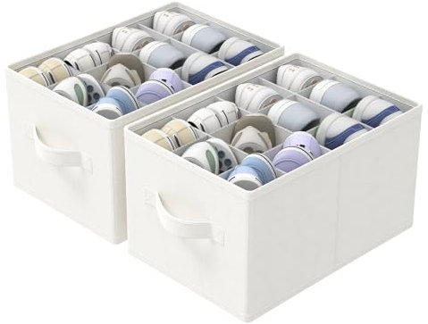 GUOHNHE Scatole per Scarpe, Adatto a 24 Paia, Shoes Organizer per Guardaroba, Scarpiera Salvaspazio Pieghevole, Portascarpe con 3 Maniglie, 42 x 32 x 26 cm, Bianco Avorio, XSNX02W-2