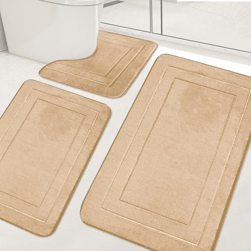 YCBTREE Badezimmerteppich Set 3 Teilig, Badteppich rutschfest Waschbar, Korallenvlies Hinenwaschbar Badvorleger für Dusche, Badewanne und Toilette (Beige)