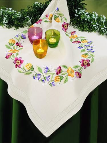 KAMACA Stickpackung Blumen Plattstich Stielstich vorgezeichnet komplettes Stickset mit Stickvorlage Stickerei-Kit zum Selbersticken Erwachsene (Blumenkranz MD 80x80 cm)