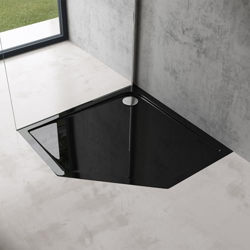 doporro Plato de Ducha Plano 80x80x4 cm Pentagonal en Acrílico Negro, Incluye Válvula de Desagüe AL02, Ideal para Instalación a Nivel del Suelo y Conexiones DIN Faro5