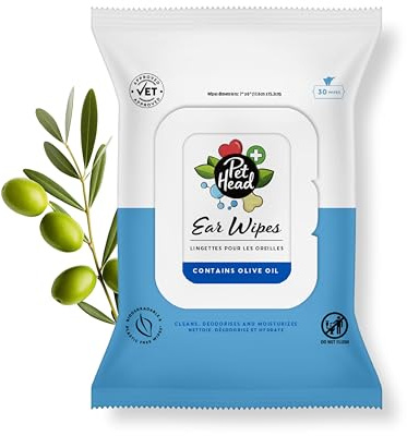 Pet Head Santé Lingettes pour Les Oreilles pour Chiens 30 unités | sans Parfum | Nettoie, Déodorise et Hydrate | Aide à Enlever Le Cérumen | d'origine Végétale et Hypoallergénique