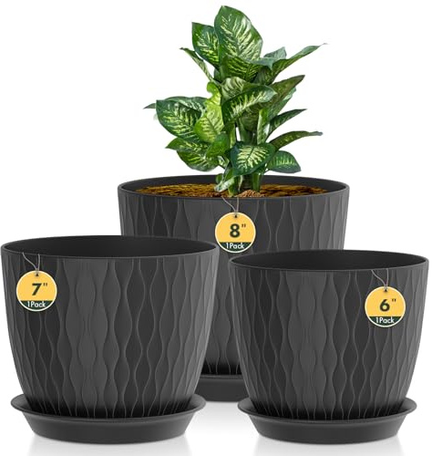 Homeuouz 3 Packs Blumentopf mit Bewässerungssystem, 20.3cm/17.8cm/15.2cm Pflanzentopf mit Bewässerungssystem, Übertopf mit Untersetzer, Blumentöpfe Set Ideal für Innen und Balkongärten,Schwarz