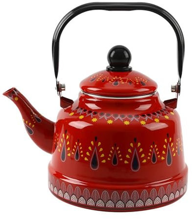 1.1L Enamel Tea Kettle Stovetop, Vintage Anti Rust Teapot Enameled Teakettle with Ergonomic Metal Handle, Retro Decor, No Whistling(Red)