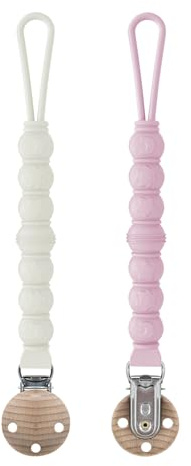 SUNNIFLY Catenella Portaciuccio *2 (Bianco riso + rosa chiaro), Catenelle per Ciuccio Anti-Perdita, Clip Sicuro per Neonati, Certificata Resistenza alla Tensione, Portaciuccio Femmina e Unisex