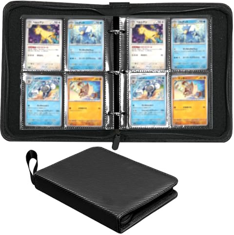 4 Pocket Card Binder, 50 Pages 400 Pockets Trading Cards Sleeves, PU Textured Cover Waterproof Folder, Portable Collection Pack with Zipper (Thick Black Page, 400 Pocket)