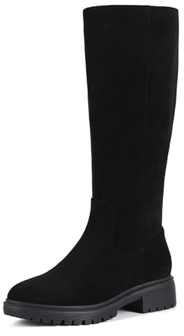 ZJA Knee High Boots Women Platform Round Toe Low Suede Flat Heel Fall Riding Fashion Tall Boots Wide Calf Clearance Long Boots Black Size 8