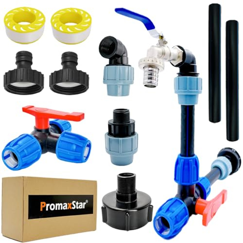 IBC - Grifo de salida de cuello de cisne de 3/4 pulgadas (doble vía), llave de paso S60 x 6, adaptador IBC de 3/4 pulgadas, accesorios de tanque IBC para tanque de agua de lluvia, barril de agua