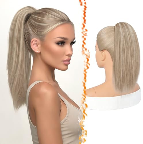 BARSDAR Lisci Coda Capelli Extension con Coulisse, 40cm Corto Lisci Biondo Coda di Cavallo Extension Naturale Sintetici Cheer Posh Ponytail Capelli Extensions Posticci Cheer Competition Quotidiano
