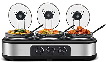Triple Slow Cooker with Lid Rests, Breakfast Buffet Servers and Warmers with 3 X 1.5Qt, Tempered glass lids & 3 Adjustable Temp, Dishwasher Safe, Stainless Steel