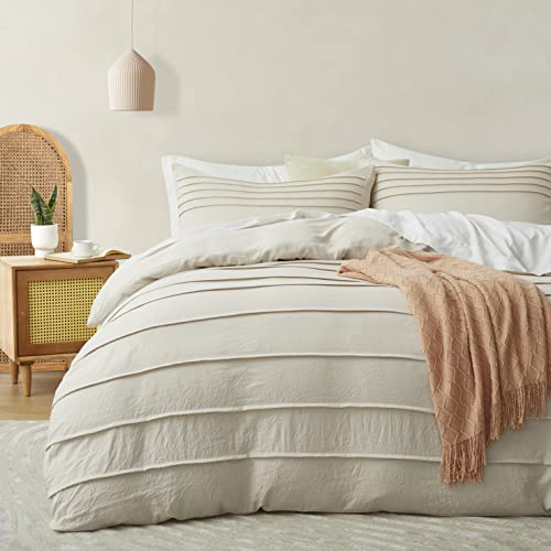 Oli Anderson Beige Duvet Cover Queen Size - Pleated Queen Duvet Cover, 3PCS Soft and Breathable Textured Bedding Set with Zipper Closure(Beige,90x90)