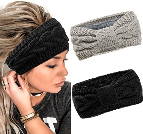 2 Stück Winter Stirnband Damen Strick Ohrenwärmer Haarband Haarreifen Mädchen Geknotet Gestrickt Stirnbänder Verdicken Frauen Haarbänder Häkelarbeit Elastische Plüsch Sport Skifahren (Schwarz + Grau)