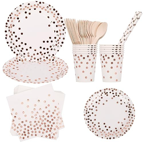 Weddecor 80pcs Paper Plates and Napkins Set, Round Disposable, White Rose Gold Plates, Cups, Paper Straws, White Rose Gold Napkins, Spoon, Fork & Cutlery Perfect for Birthday, Baby Shower, Wedding