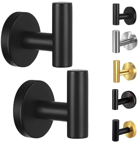 Kruodop Towel Hooks for Bathroom,2 Packs Wall Mount Towel Holder,Black Matte Wall Robe Hook,Stainless Steel Heavy Duty Door Hanger Towel Hook for Kitchen, Bedroom,Hotel,Pool,Coats(Drilling)