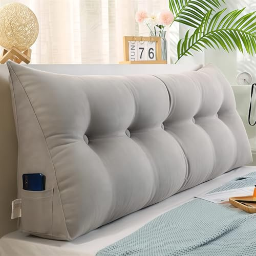 UIHECTA Coussin Compensé Triangulaire, Oreiller De Lecture TêTe De Lit, Dossier De TêTe De Lit Amovible, Coussin Lombaire en Coin, Support De Positionnement, pour Chambre Lit Jour,Gris,L60×W20×H50cm