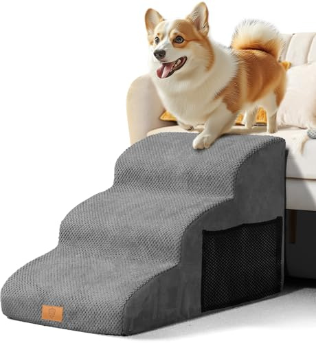 Scaletta per Cani 3 Gradini, Masthome Scala per Cani in Spugna, Rampa Cane per Letto/Divano, Scale per Cuccioli, Gatti e Animali Anziani/Feriti, con Copertura Rimovibile e Lavabile (Grigio)