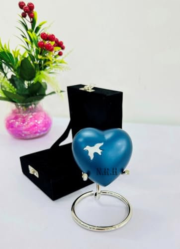 Petite urne funéraire en forme de cœur pour cendres avec mouche et oiseau avec boîte et support (aluminium bleu)