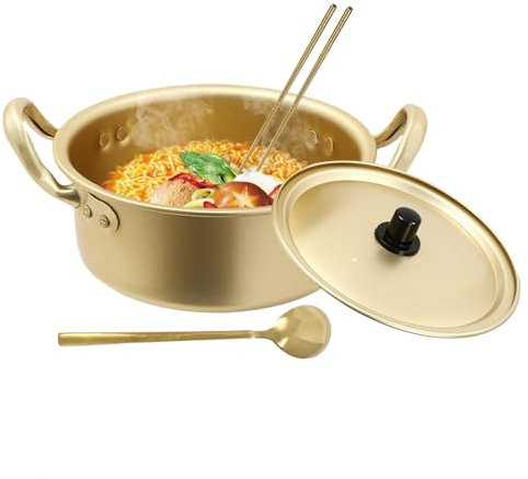 Korean Ramen Pot, pentola da 16 cm, con cucchiaio e bacchetta, pentola per pasta con coperchio, doppia maniglia, in ossido di alluminio, per pasta ramen, porridge, stufati, facile da pulire