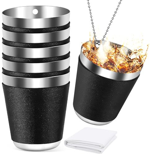 Bicchieri Acciaio Inox con Custodia in Pelle 6Pcs 30ml Bicchierini in Acciaio Impilabili con 6Pcs Catenella per Escursionismo Picnic Campeggio Feste di Carnevale Feste di Matrimonio Addio al Celibato