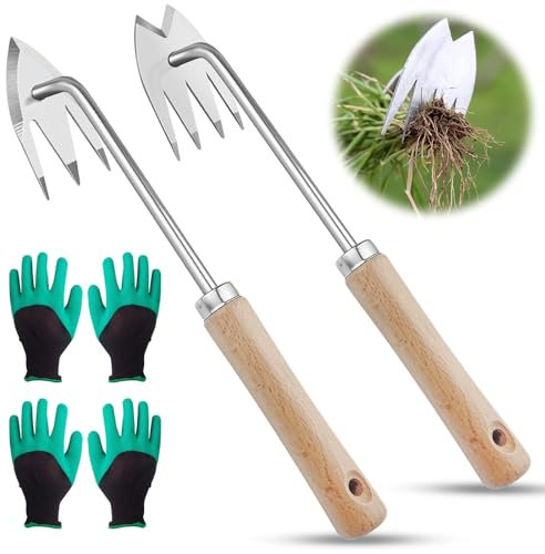 WZYTEU 2 Stücke Unkrautstecher, Edelstahl Unkrautjäter mit Holzgriff für Gras Graben, Umpflanzen, Jäten mit 2 Paar Handschuhe(Drei, Vier Zähne)