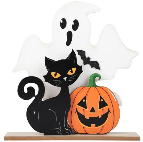 Halloween Decorations Indoor Wooden Black Cat Halloween Decor Ghost Table Sign Pumpkin Table Centerpieces Standing Tabletop Decoration for Holiday Desk Tiered Tray Party Shelf Decorations Farmhouse