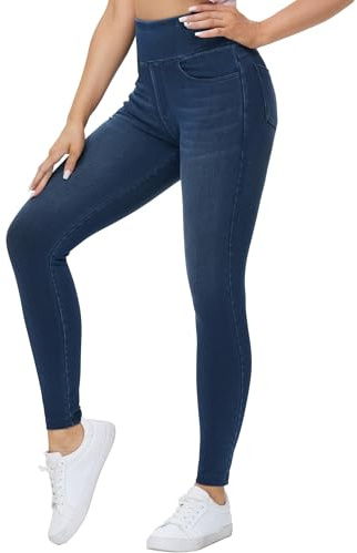 THE GYM PEOPLE Women's Stretchy High Waisted Skinny Jeans Ladies Tummy Control Jeggings Leggings with Pockets,Dark Blue,L