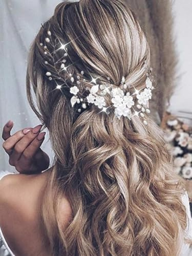 Evlry Hochzeit Blume Haar Rebe Silber Perle Braut Haarranken Blatt Kopfschmuck Braut Haarschmuck für Frauen