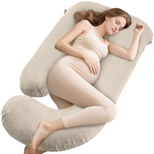 GRANDMA SHARK Pregnancy Pillow, J-shaped Full-Body Pillow with Removable Pillowcase, Supports the Head, Legs, Arms, Abdomen, and Waist of Pregnant Women-Champagne