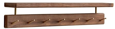 YESWOOD Porte Manteau Mural en Noyer Noir Massif, 7 Crohets en Laiton, Porte Clé Mural avec Étagère, Patère Mural pour Vêtements, Chapeaux, Serviettes, Noyer Noir Naturel