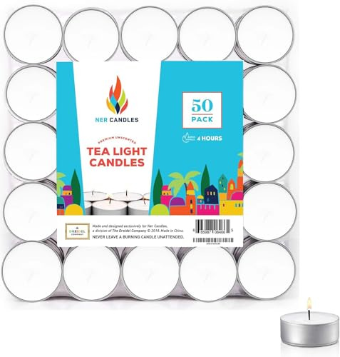 Ner Candles 50-Count Unscented Tea Lights Candle in Bulk, Smokeless, Dripless & Long Lasting 4.5-Hours Small Votive Mini Tealight Candles for Home, Pool, Shabbat, Weddings & Emergencies (Pack of 50)