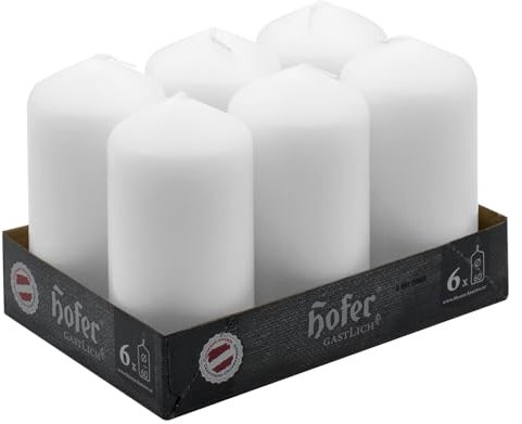 Hofer Bougies Piliers - Blanc - Lot de 6 Petit Bougie Décorative - 6 X 12 cm - Longue Durée 39 Heures - Sans Parfum - Cire qui Ne Coule Pas - Mariage, Noël