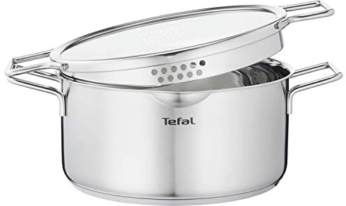 Tefal Nordica Faitout 24 cm (5 L) en acier inoxydable garanti 10 ans + Couvercle verre, Base diffusion de chaleur, Bec verseur, Egouttage facile, Tous feux dont induction H8524635