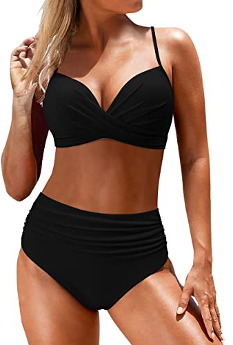 DOULAFASS Women Two Pieces Criss Cross V Neck Push Up Bikini Sets Ruched High Waisted Swimsuit Swimwear