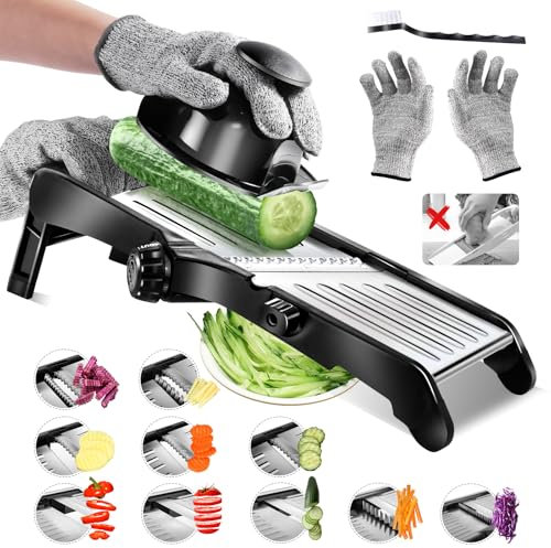 Masthome Mandoline de Cuisine Professionnelle en Inox, Coupe Legumes Multifonctions avec Epaisseur de Tranche Réglable, Mandoline Japonaise avec Gants et Brosse à Dents, pour Tranche et Julienne