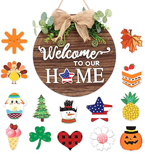 Cartel de Bienvenida de Madera, Letrero de Bienvenida para Puerta, Cartel de bienvenida para puerta de casa, con 14 Decoraciones Magnéticas Intercambiables, para Puerta Entrada, Sala Estar