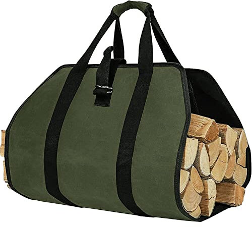 ZONSUSE Bolsa de Transporte para Leña de Lona, Bolsas de leña para Chimenea, Bolsa de Leña Almacenamiento Plegable, Accesorios para Estufa, para Interior y Exterior, Camping, Playa, Hoguera (Verde)