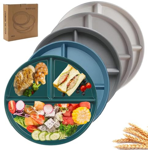 PUPOPIK 9 Unbreakable Divided Plates Set of 5, Wheat Straw Plate Reusable Dinnerware Portion Control Plate, Round Bariatric Plastic Plate for Kids Adults, BPA-free, Dishwasher Safe
