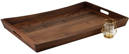 MAGIGO 28 x 18 Inches Large Rectangle Curved Black Walnut Wood Ottoman Tray with Handles, Serve Tea, Coffee, Classic Wooden Decorative Serving Tray